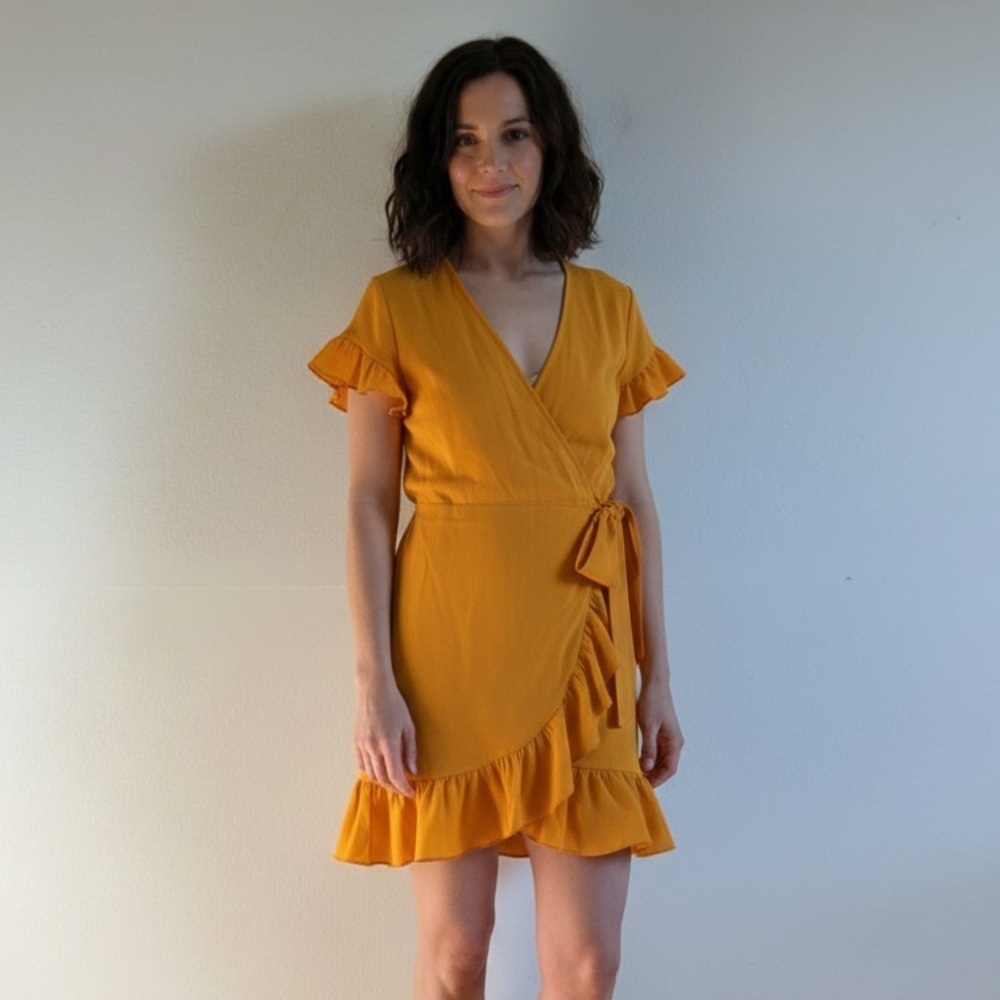 Aritzia Wilfred Sz XS Ninette Faux Wrap Ruffle Orange Mini Dress